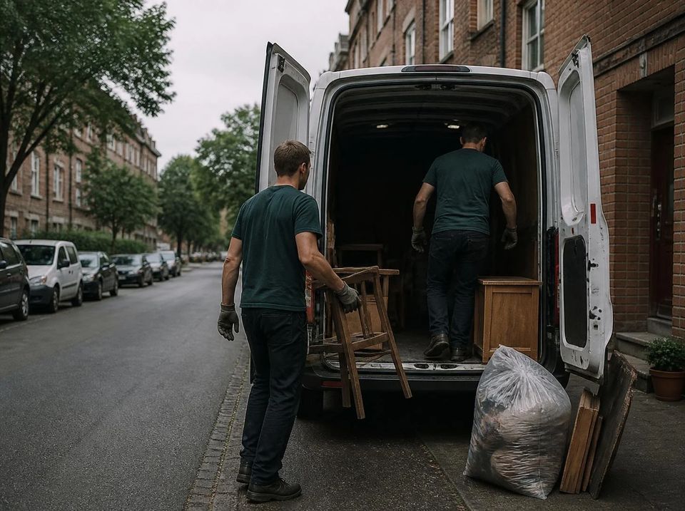 Zwei Helfer beladen einen Transporter bei einer Entrümpelung