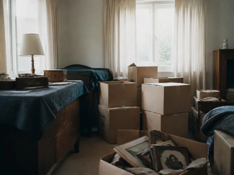 Wohnzimmer mit gepackten Umzugskartons während einer Haushaltsauflösung