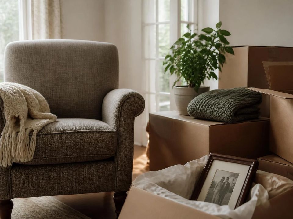Sessel, Pflanze und gepackte Umzugskartons in einem hellen Zimmer